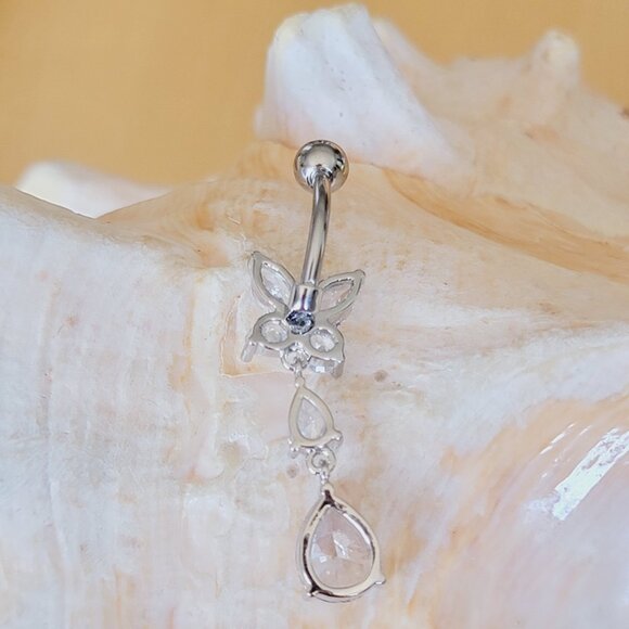14G stainless steel butterfly and teardrop dangle belly button ring/navel ring - Picture 4 of 5